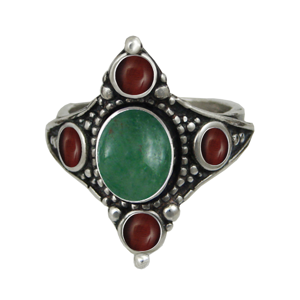 Sterling Silver Renaissance Queen's Ring With Jade And Red Tiger Eye Size 10